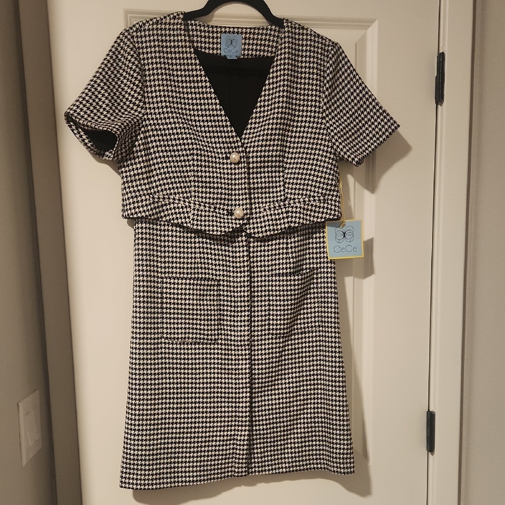 CeCe Black and White Houndstooth Midi Dress